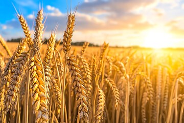 A picturesque field of wheat, golden under the setting sun with a soft breeze rustling the stalks