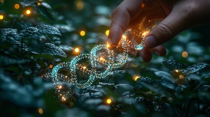 A glowing DNA helix intertwines with the plants as a hand gently touches the greenery, blending nature and science