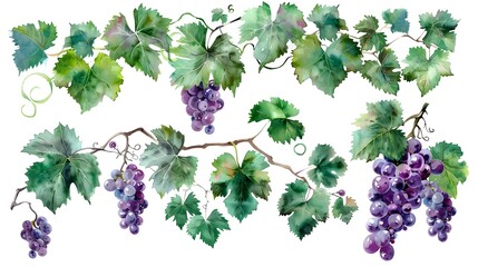 Lush Watercolor Grapevine Leaves and Purple Grape Clusters on White Background