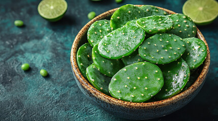 A close-up of fresh cactus pads arranged in a decorative bowl, set against a vibrant blue surface. Ideal for culinary and health-related themes