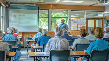 A group of retirees in a bright, airy community center, attending a workshop on Social Security benefits, with a speaker presenting information on a screen