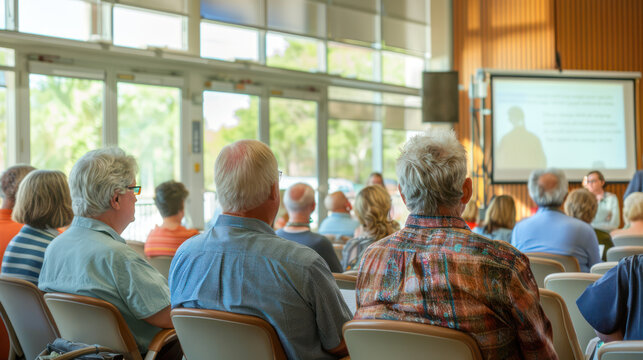 A group of retirees in a bright, airy community center, attending a workshop on Social Security benefits, with a speaker presenting information on a screen