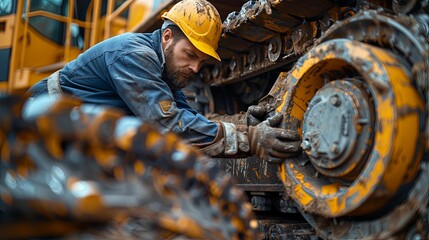 A Construction Worker Fixing a Caterpillar Track of a Large Excavator