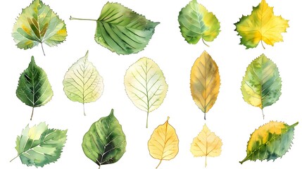 Fototapeta premium Vibrant Watercolor Birch Tree Leaves in Soft Shades of Green and Yellow with Detailed Vein Textures on White Background