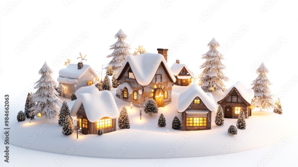 Poster A charming winter village scene with snow-covered houses and illuminated windows.