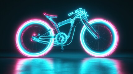 A glowing neon bicycle design with vibrant wheels against a dark background.
