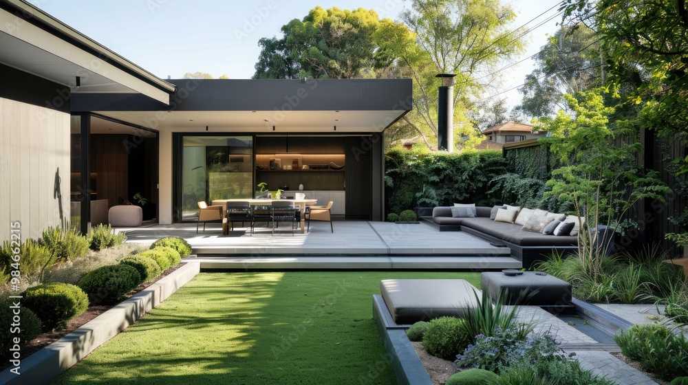 Wall mural modern house backyard with lush greenery