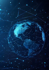 The blockchain technology futuristic hud background includes a globe and peer-to-peer blockchain polygon network. The global cryptocurrency fintech business banner concept is low polygon and arranged