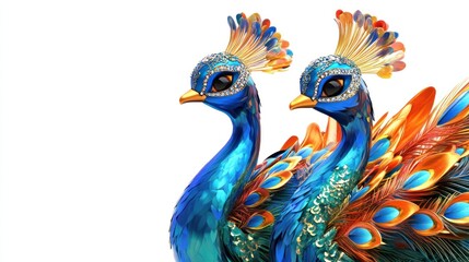 Two vibrant peacocks with ornate feathers and decorative details.