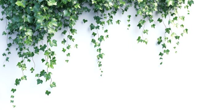Green ivy vines cascading down a plain white wall, creating a natural aesthetic.