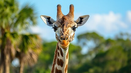 A close-up of a giraffe's face against a blurred natural background.