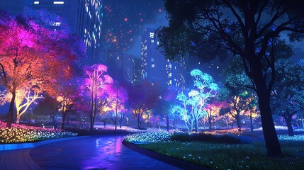 Obraz premium Magical Neon City Park Night: 3D Animation in Vibrant Colors - iDea Style