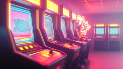 A vibrant arcade filled with retro-style gaming machines illuminated by neon lights.