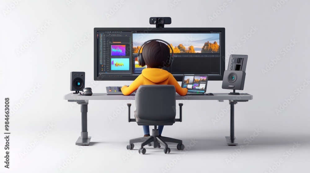 Aufkleber a digital workspace featuring a person editing content on a computer with audio equipment.