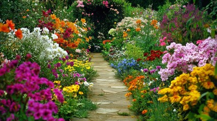 Vibrant garden path adorned with diverse varieties of flowers, creating a colorful and immersive natural setting with layers of blooms that add depth and beauty. Bright floral arrangements and natural