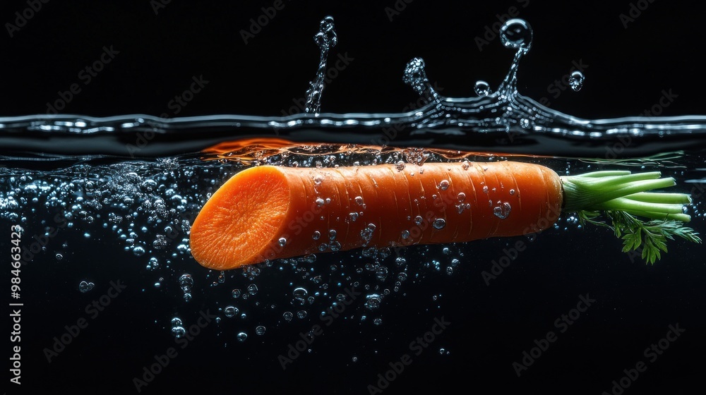 Poster a carrot submerged in water, creating bubbles and splashes against a dark background.