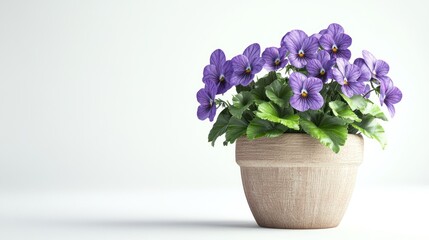 Naklejka premium A decorative pot filled with vibrant purple flowers and lush green leaves.