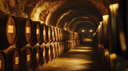 Dimly lit cellar with wooden barrels lining the walls.