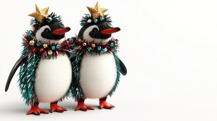 Two festive penguins adorned with tinsel and stars, celebrating a holiday theme.