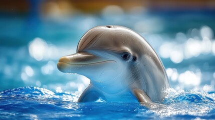 A dolphin swimming in clear blue water, showcasing its playful nature.