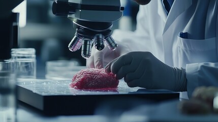 Scientist examining tissue sample under a microscope in a lab.