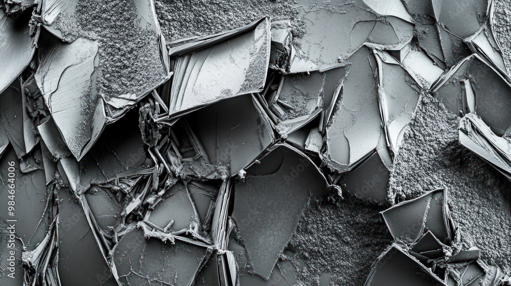 Poster close-up view of fragmented metallic surfaces showcasing texture and structure.