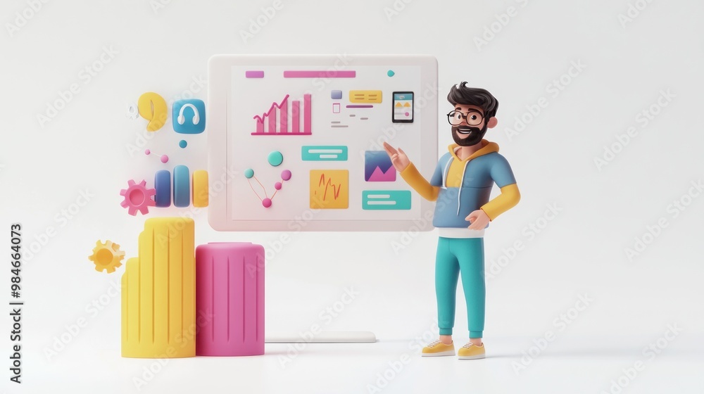 Aufkleber A 3D character presenting data on a digital screen with graphs and icons.