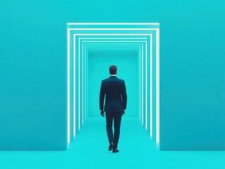 Obraz premium Businessman walking on a digital pathway, navigating through integrated solutions