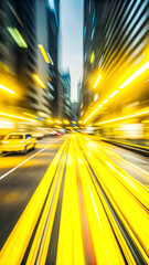 a bustling city scene with a blur of people walking on a sidewalk, the street, and a bright yellow light