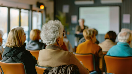 A group of retirees in a bright, airy community center, attending a workshop on Social Security benefits, with a speaker presenting information on a screen