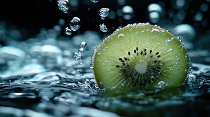 A sliced kiwi submerged in water with bubbles, showcasing freshness and vitality.