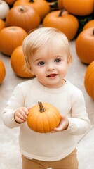 A cheerful blonde toddler girl proudly displays her bright orange pumpkin at a country farm in autumn, enjoying the festive atmosphere of Halloween