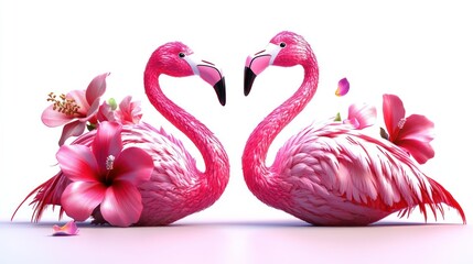 Naklejka premium Two pink flamingos surrounded by vibrant flowers, symbolizing beauty and love.