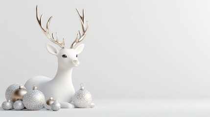 Naklejka premium A white deer figurine surrounded by silver ornaments on a minimalist background.
