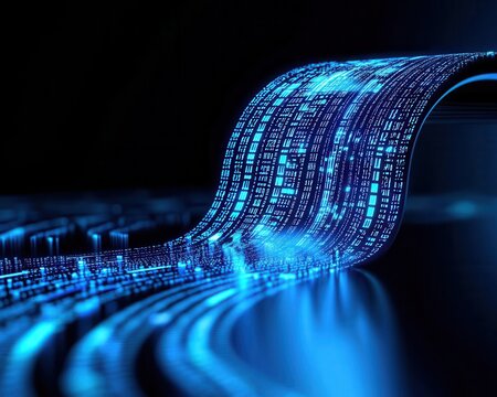 Digital waterfall cascading into a lake of charts and graphs, flow of efficient business data