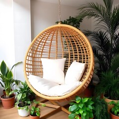 A large wicker or rattan hanging chair with a round, egg-shaped design. The chair has a white cushion inside and is surrounded by potted plants, creating a cozy and relaxing indoor environment.
