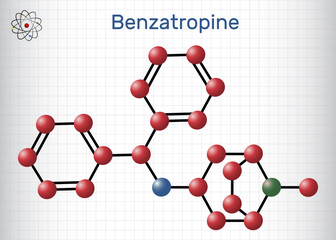 Benztropine molecule. It is used to treat Parkinson's disease. Molecule model. Sheet of paper in a cage. Vector