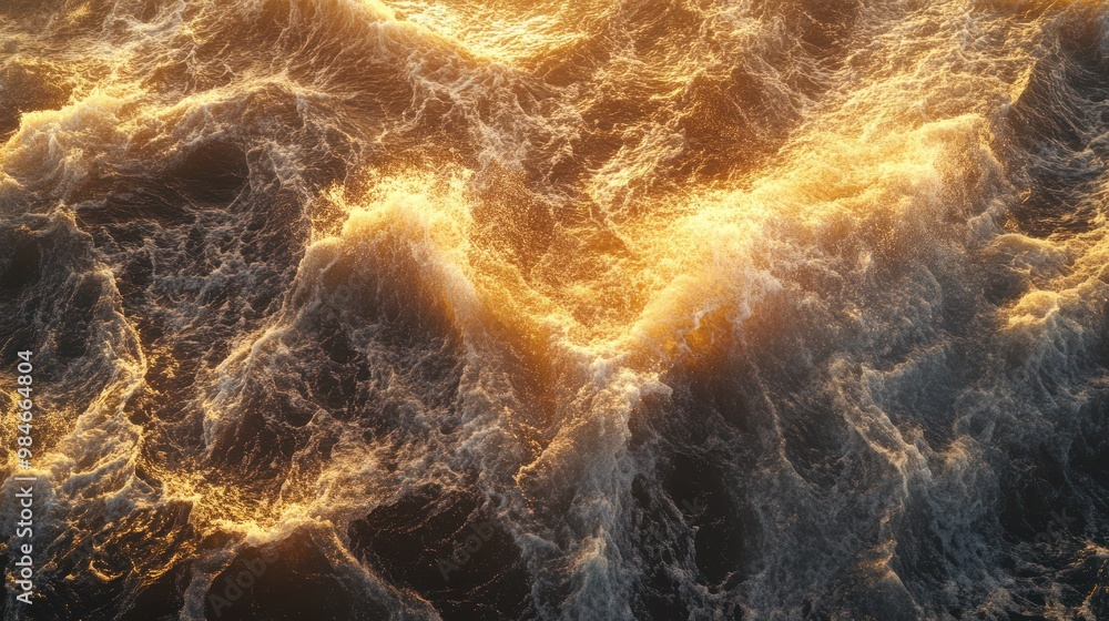 Poster A mesmerizing view of ocean waves illuminated by golden light, creating a stunning visual effect.
