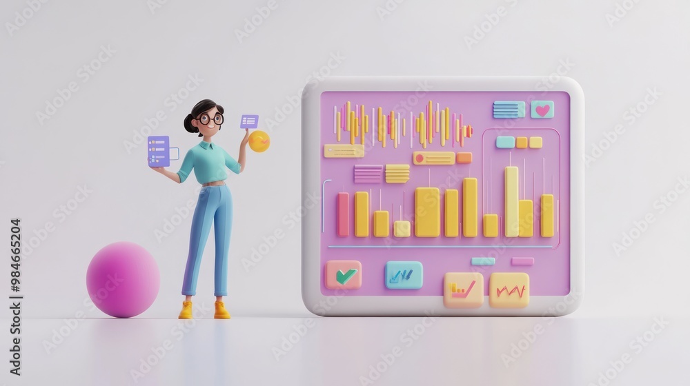 Aufkleber A stylized character interacts with colorful data visualizations on a screen.