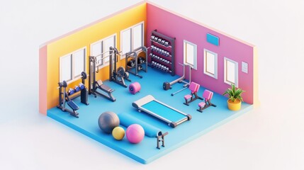 A vibrant gym interior featuring various workout equipment and fitness accessories.