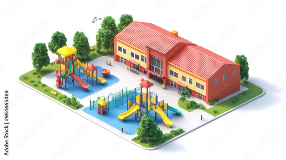 Poster a colorful playground with slides and a building, designed for children's recreation and fun.