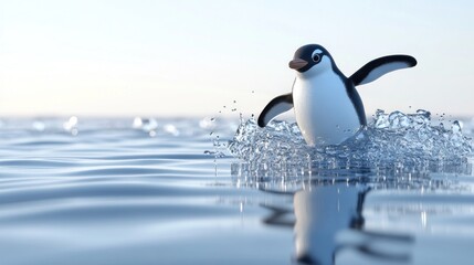 Obraz premium A cartoon penguin splashes through the water, creating ripples in a serene environment.