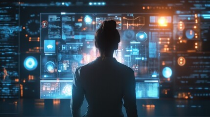 Futuristic Silhouette Overlooking Illuminated Technology Landscape