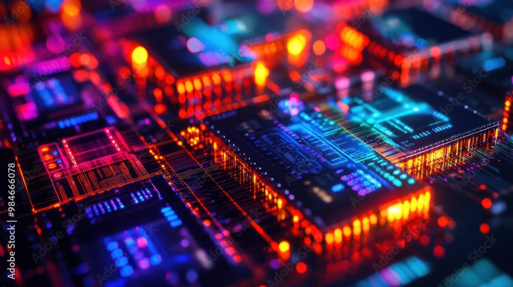 Poster a vibrant close-up of computer chips showcasing intricate circuitry and glowing lights.