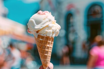 Close-up of vanilla ice cream cone on a sunny day. Sweet dessert and summertime treat concept.