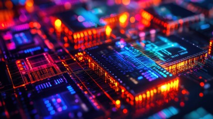 Obraz premium A vibrant close-up of computer chips showcasing intricate circuitry and glowing lights.