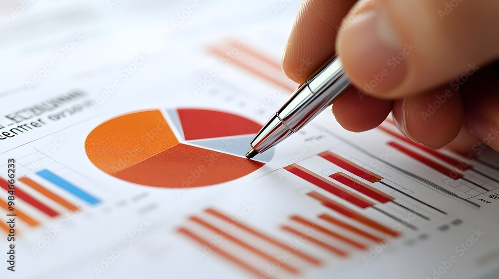 Aufkleber A close-up of a printed monthly report, with a pie chart showing sales growth and a person s hand using a pen to highlight data points.
