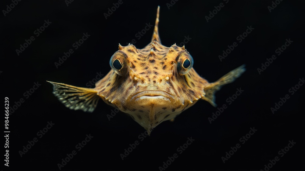 Poster a close-up of a unique fish with distinctive patterns and features against a dark background.