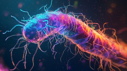 Fototapeta premium Visual of a bacterial flagellum structure, showing hook and filament. Dark background with vibrant colors.