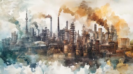 Obraz premium Global supply chains forming industrial patterns, interconnected factories, Watercolor style